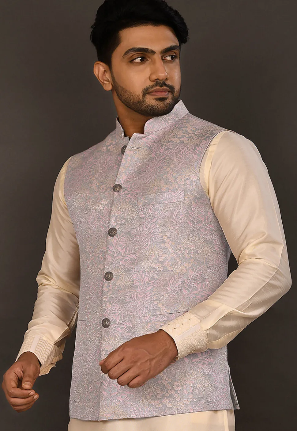 Woven Art Silk Jacquard Nehru Jacket in Grey