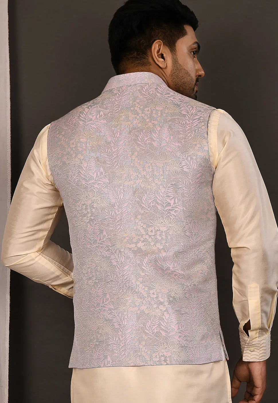 Woven Art Silk Jacquard Nehru Jacket in Grey