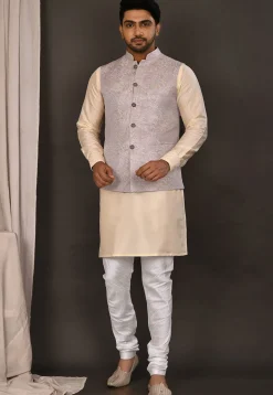 Woven Art Silk Jacquard Nehru Jacket in Grey