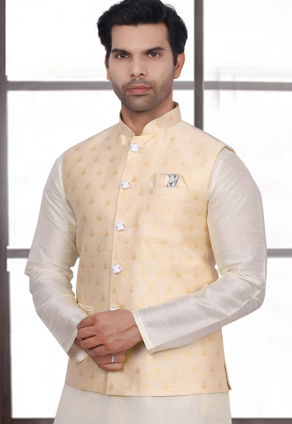 Woven Art Silk Jacquard Nehru Jacket in Light Beige