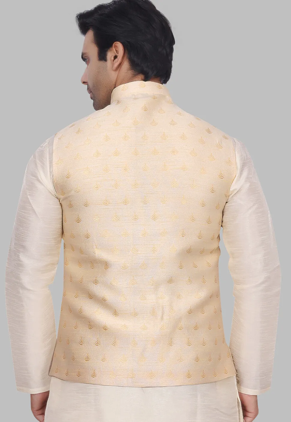 Woven Art Silk Jacquard Nehru Jacket in Light Beige