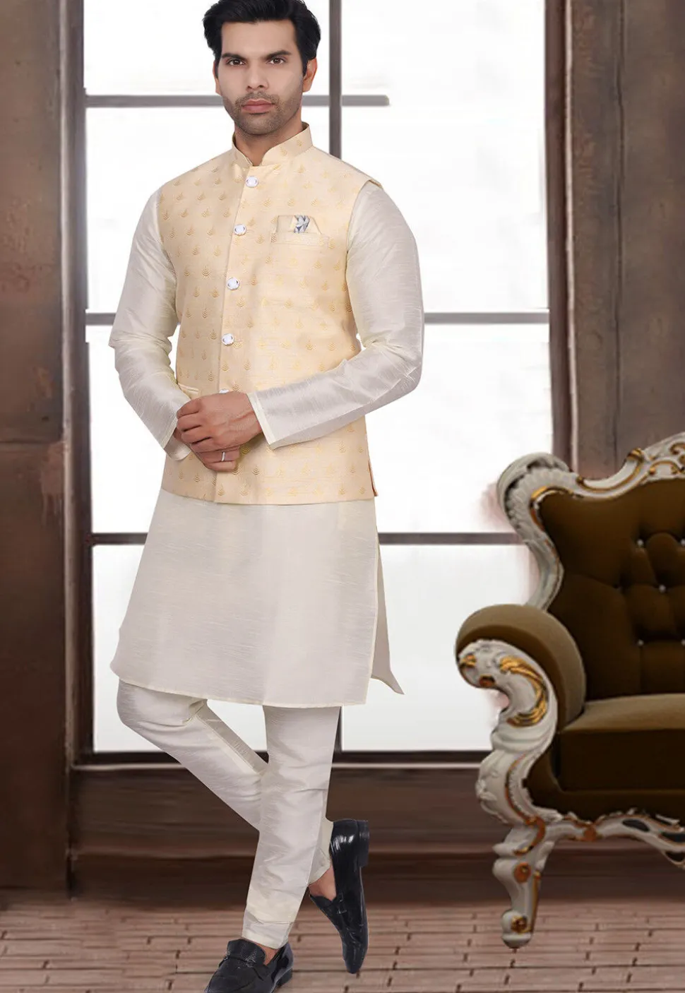 Woven Art Silk Jacquard Nehru Jacket in Light Beige