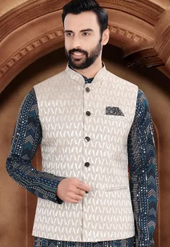 Woven Art Silk Jacquard Nehru Jacket in Light Beige