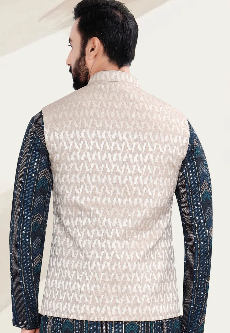 Woven Art Silk Jacquard Nehru Jacket in Light Beige