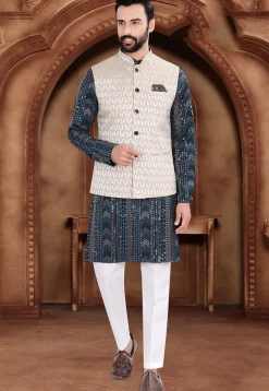Woven Art Silk Jacquard Nehru Jacket in Light Beige