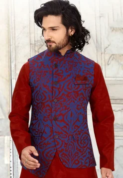 Woven Art Silk Jacquard Nehru Jacket in Royal Blue and Red