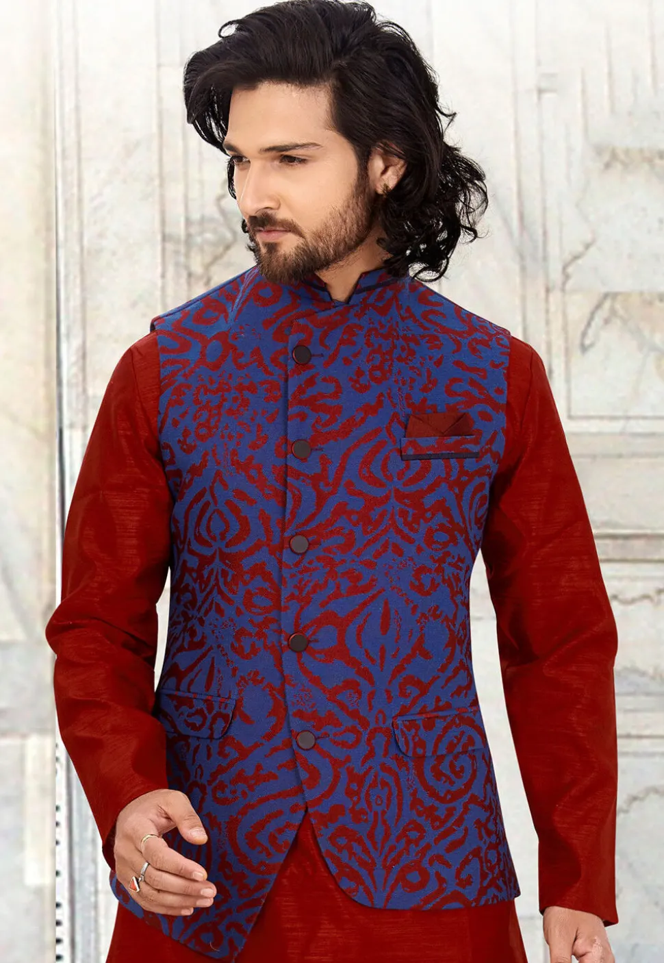 Woven Art Silk Jacquard Nehru Jacket in Royal Blue and Red
