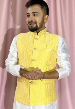 Woven Art Silk Jacquard Nehru Jacket in Yellow