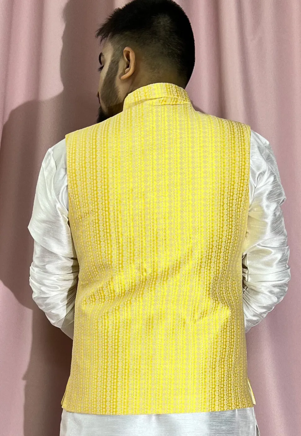 Woven Art Silk Jacquard Nehru Jacket in Yellow
