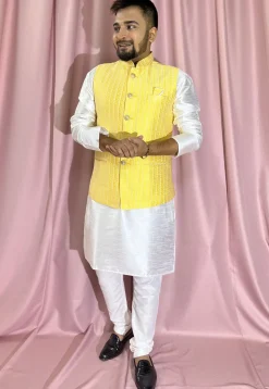Woven Art Silk Jacquard Nehru Jacket in Yellow