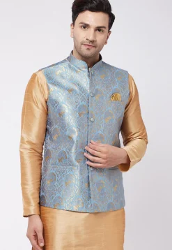 Woven Art Silk Jacquard Nehru Jacket in Light Blue
