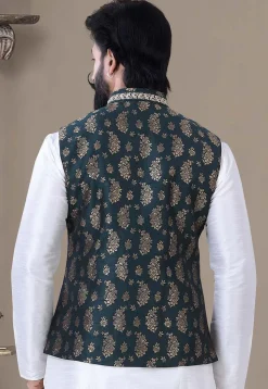 Woven Art Silk Jacquard Nehru Jacket in Dark Green