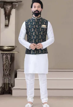 Woven Art Silk Jacquard Nehru Jacket in Dark Green