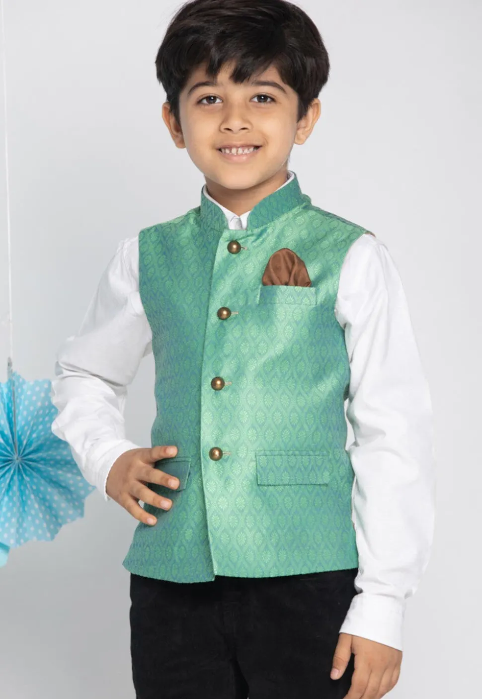 Woven Art Silk Jacquard Nehru Jacket in Light Teal Green