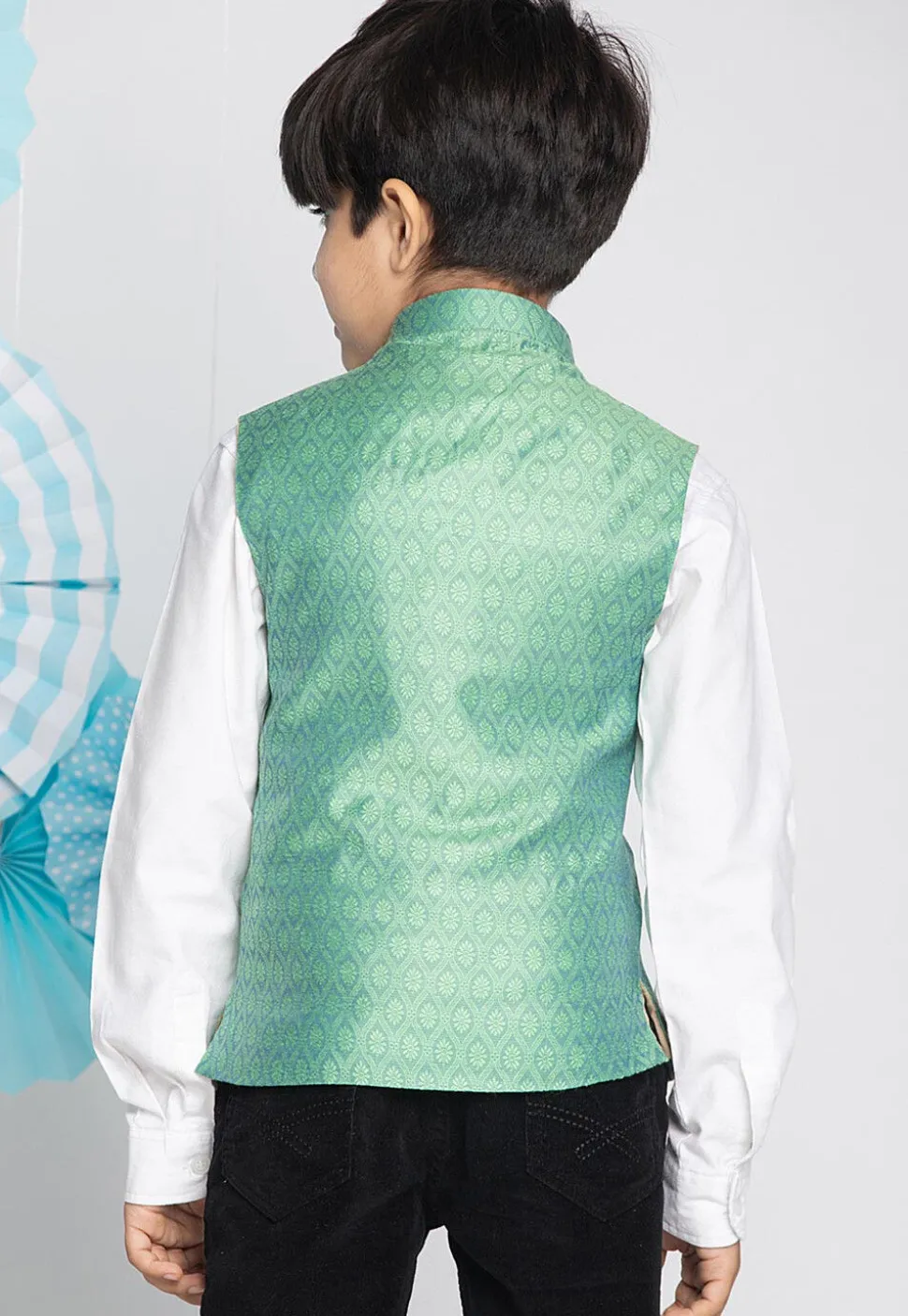 Woven Art Silk Jacquard Nehru Jacket in Light Teal Green