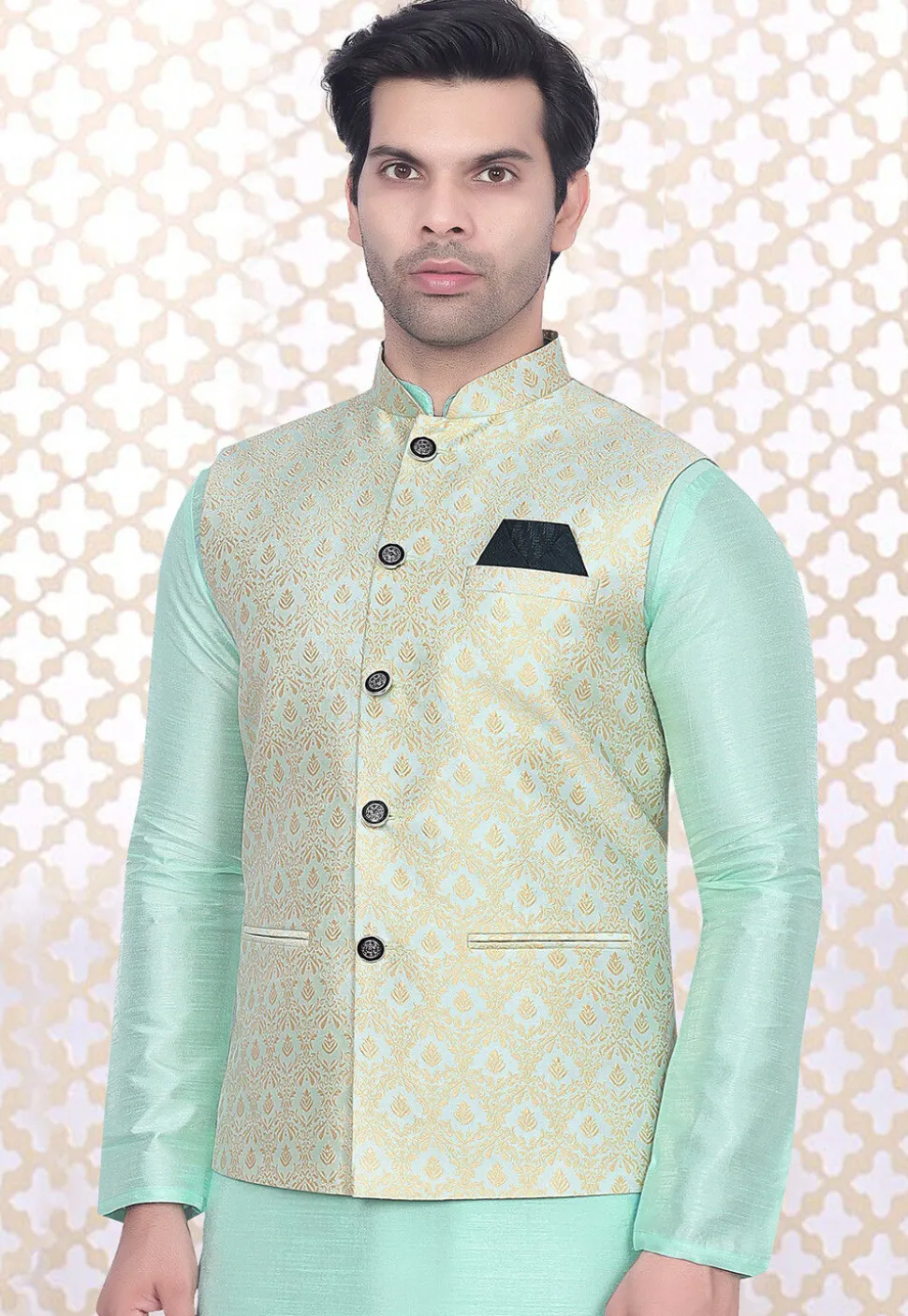 Woven Art Silk Jacquard Nehru Jacket in Sea Green