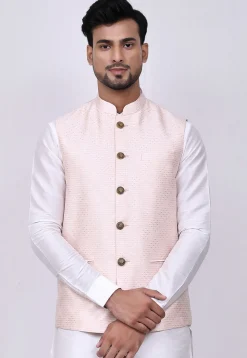 Woven Art Silk Jacquard Nehru Jacket in Light Peach Pink