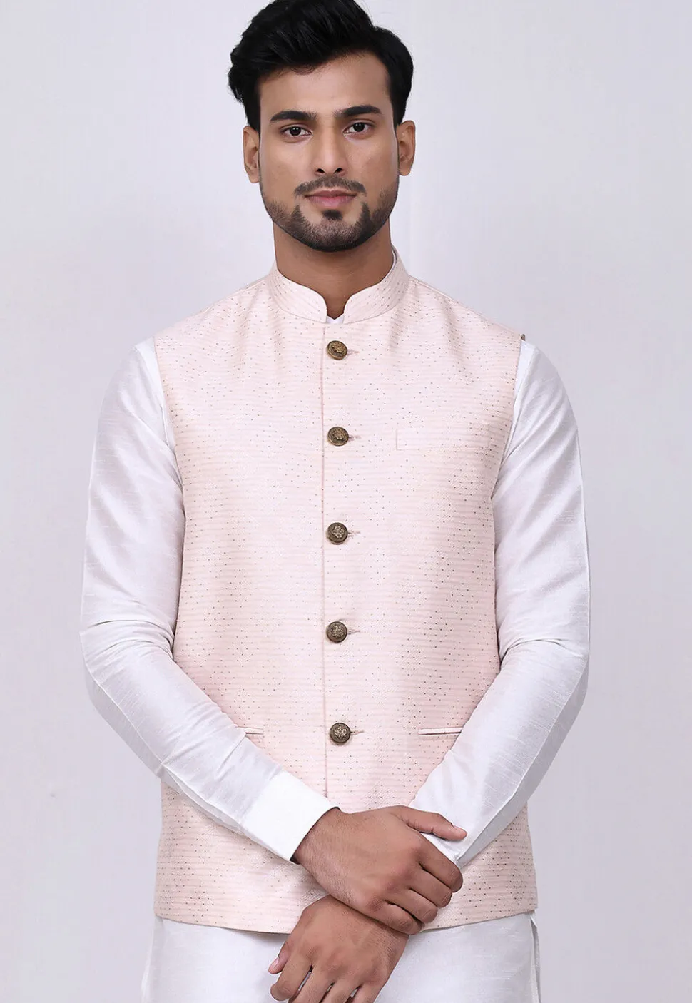 Woven Art Silk Jacquard Nehru Jacket in Light Peach Pink