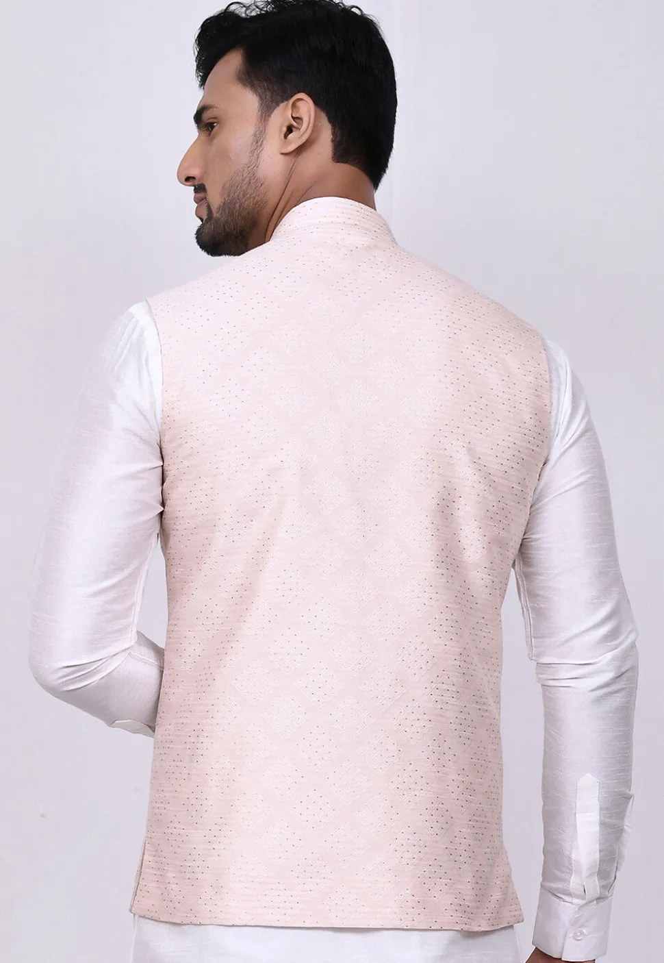 Woven Art Silk Jacquard Nehru Jacket in Light Peach Pink