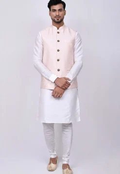 Woven Art Silk Jacquard Nehru Jacket in Light Peach Pink