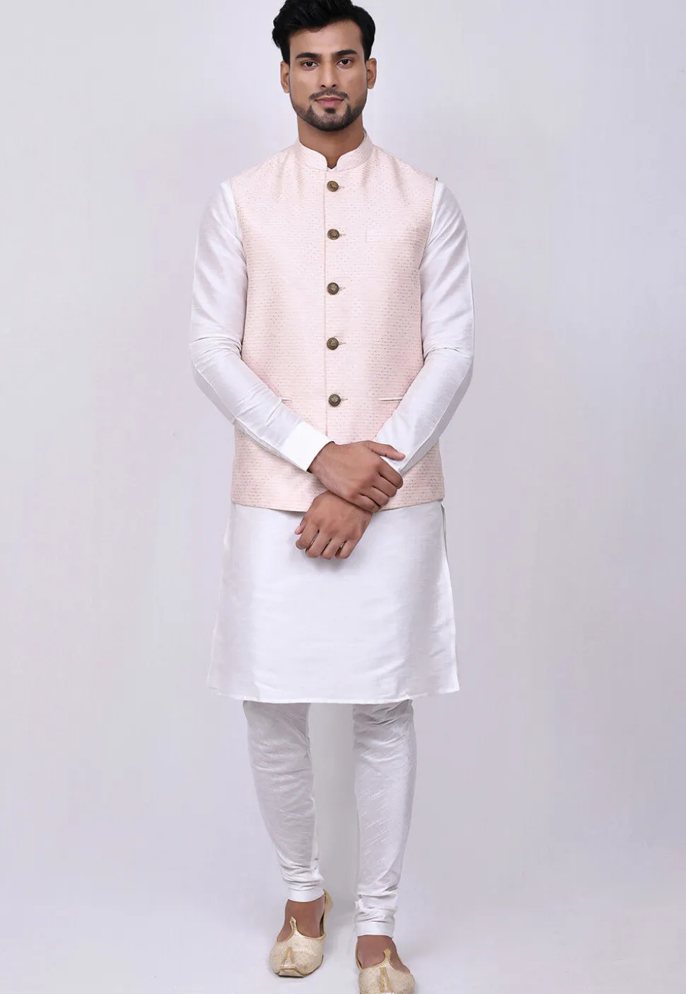 Woven Art Silk Jacquard Nehru Jacket in Light Peach Pink