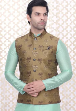 Woven Art Silk Jacquard Nehru Jacket in Beige