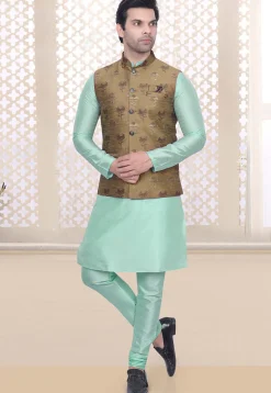 Woven Art Silk Jacquard Nehru Jacket in Beige