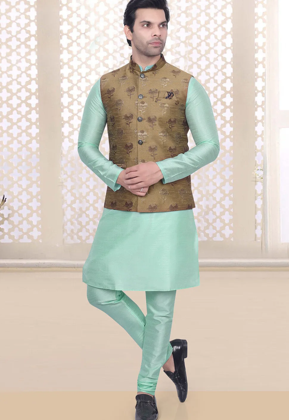 Woven Art Silk Jacquard Nehru Jacket in Beige