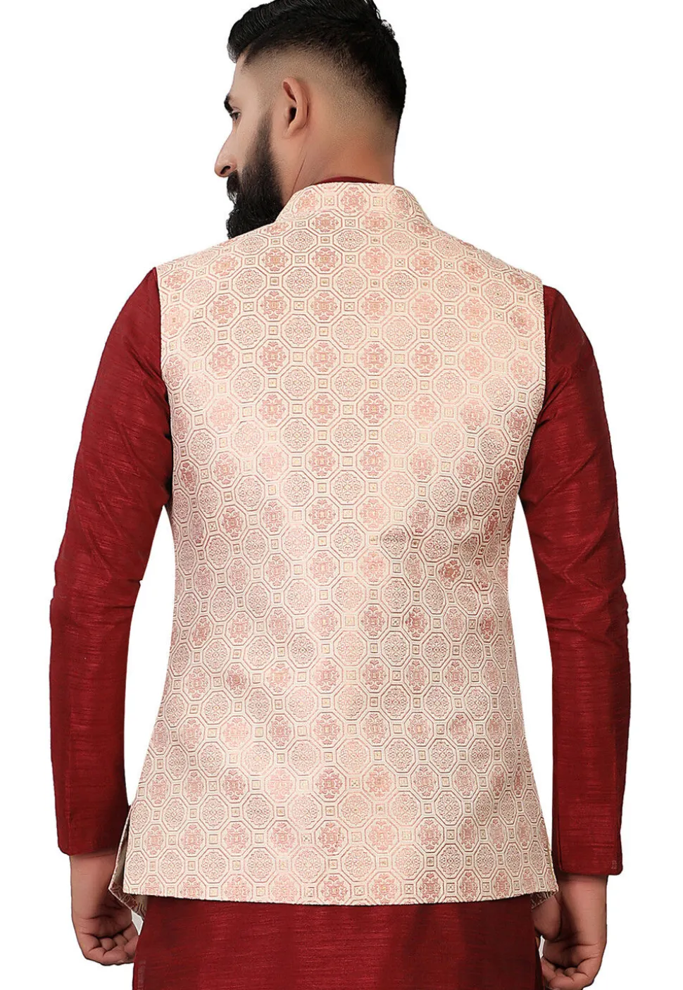 Woven Art Silk Jacquard Nehru Jacket in Peach