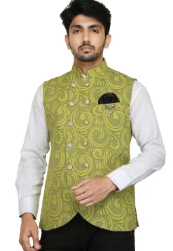 Woven Art Silk Jacquard Nehru Jacket in Light Green