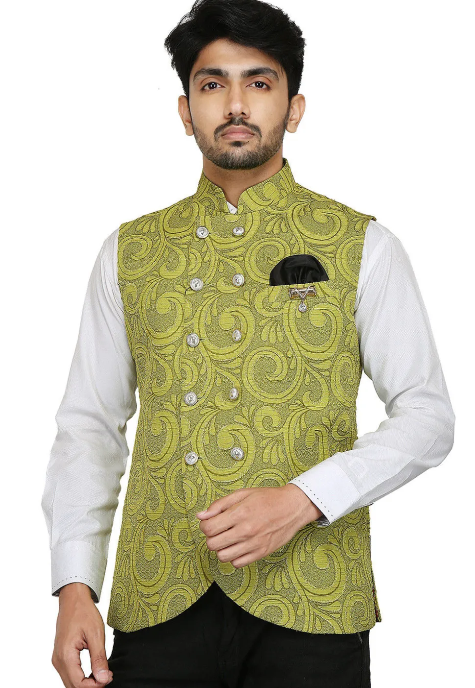 Woven Art Silk Jacquard Nehru Jacket in Light Green