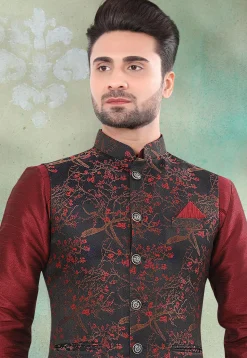 Woven Art SIlk Jacquard Nehru Jacket in Black
