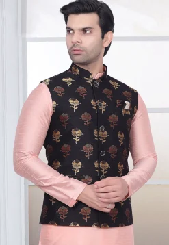 Woven Art Silk Jacquard Nehru Jacket in Black