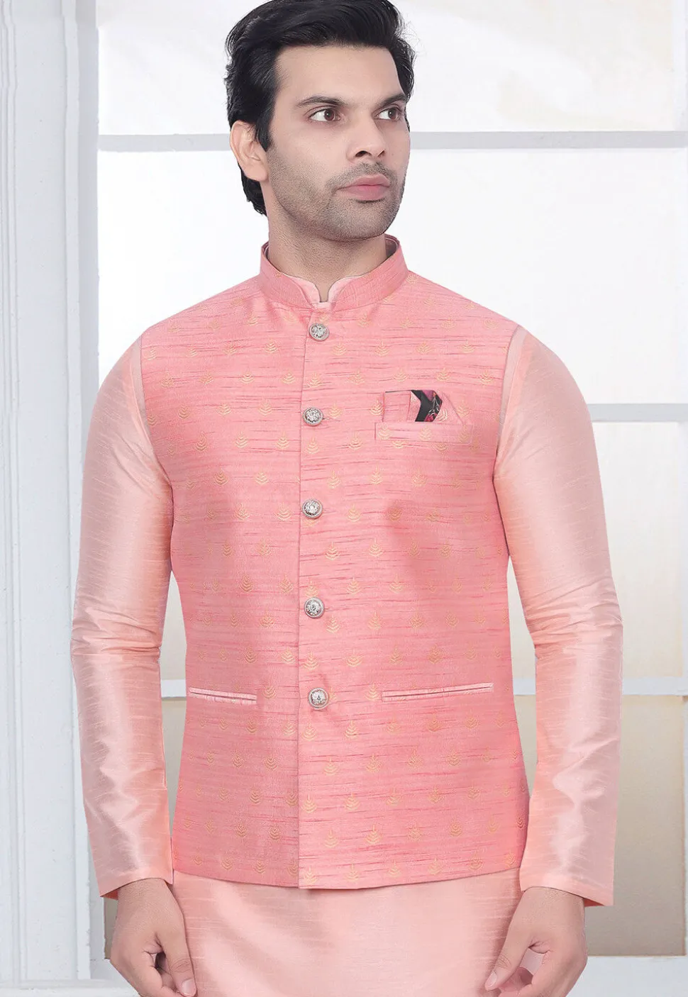 Woven Art Silk Jacquard Nehru Jacket in Peach