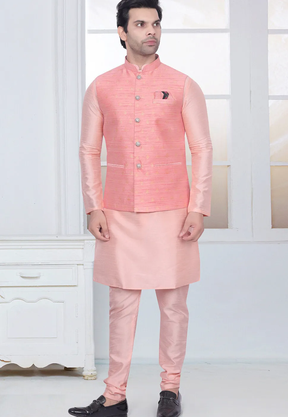 Woven Art Silk Jacquard Nehru Jacket in Peach
