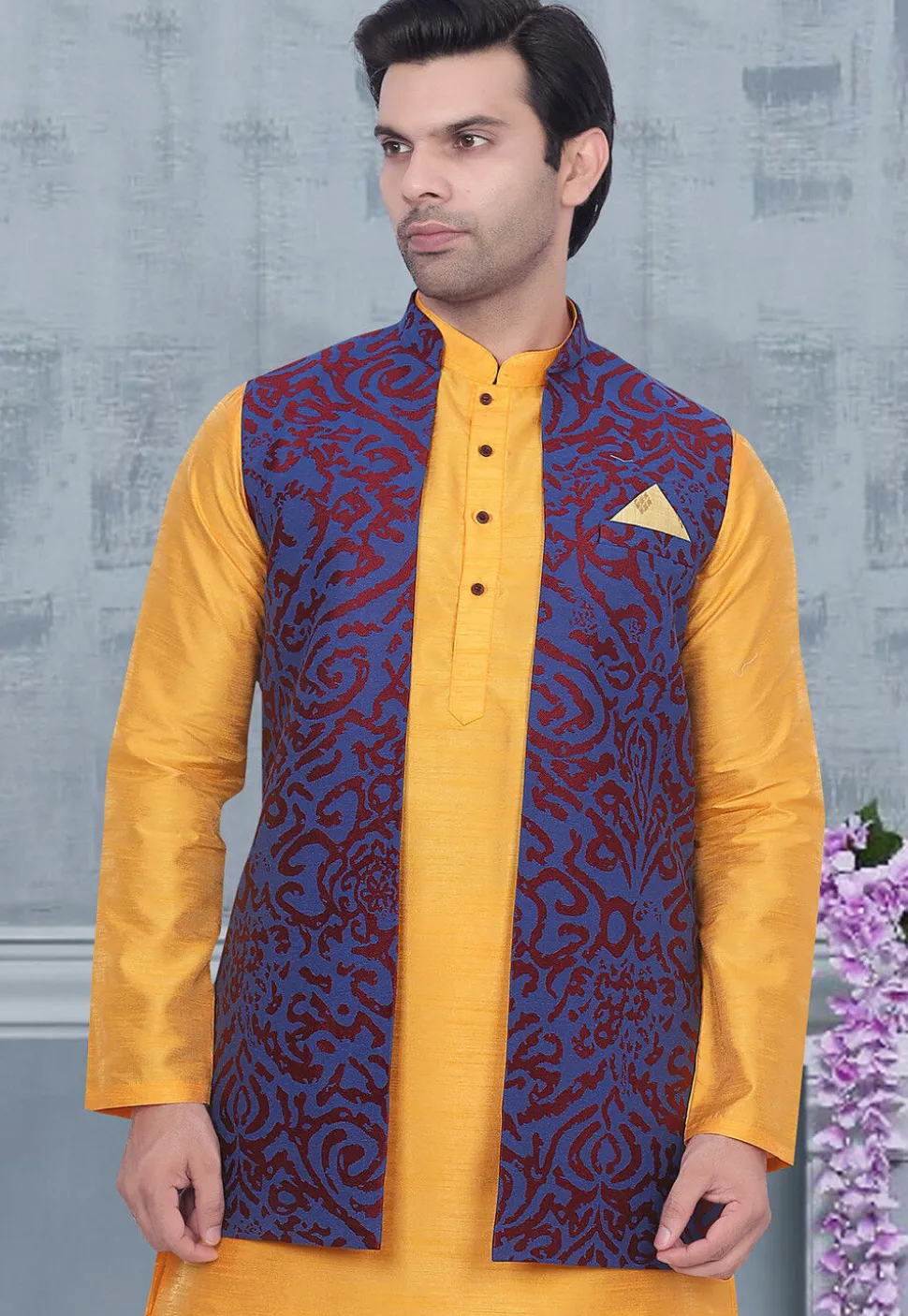 Woven Art Silk Jacquard Nehru Jacket in Blue