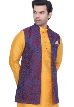 Woven Art Silk Jacquard Nehru Jacket in Blue