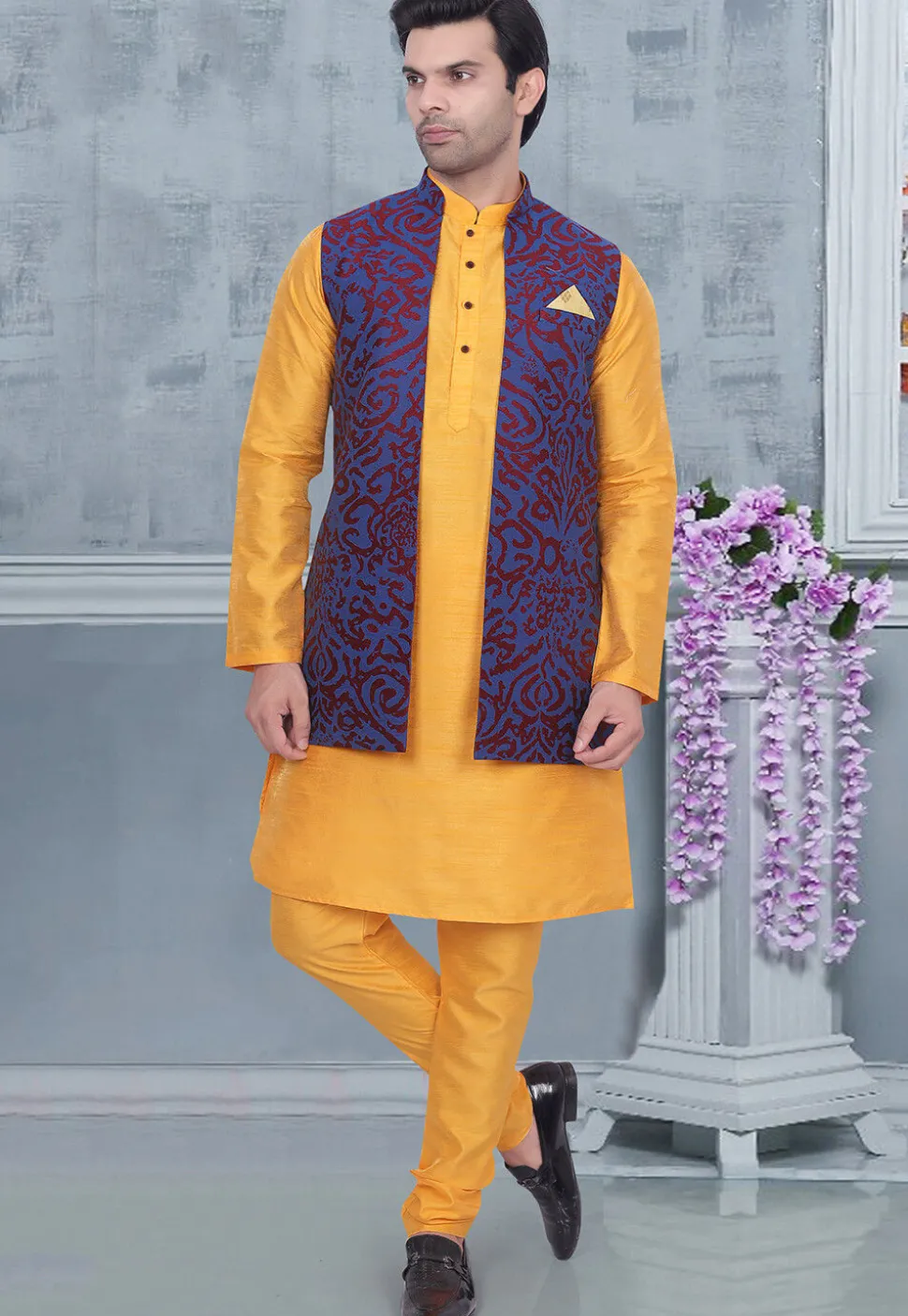 Woven Art Silk Jacquard Nehru Jacket in Blue