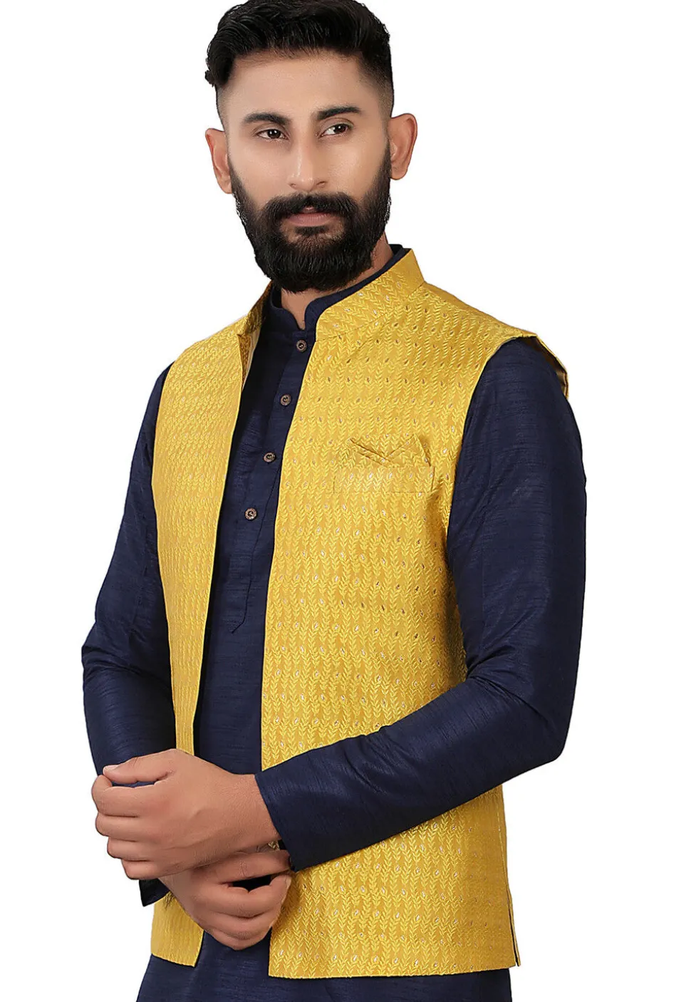 Woven Art Silk Jacquard Nehru Jacket in Mustard
