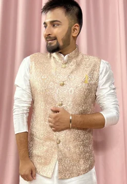 Woven Art Silk Jacquard Nehru Jacket in Beige