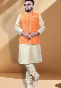 Woven Art Silk Jacquard Nehru Jacket in Orange