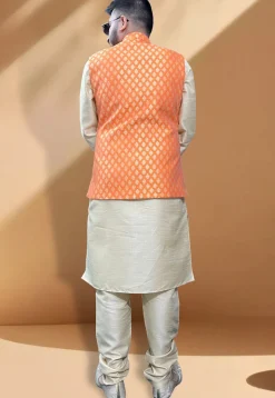 Woven Art Silk Jacquard Nehru Jacket in Orange