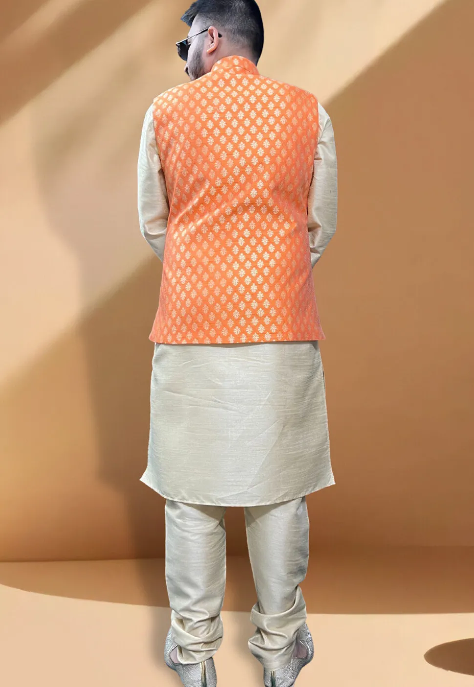 Woven Art Silk Jacquard Nehru Jacket in Orange