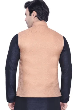 Woven Art Silk Jacquard Nehru Jacket in Peach
