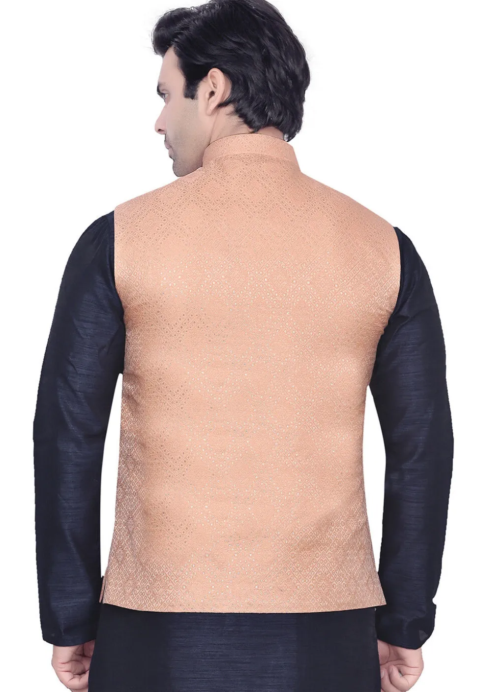 Woven Art Silk Jacquard Nehru Jacket in Peach