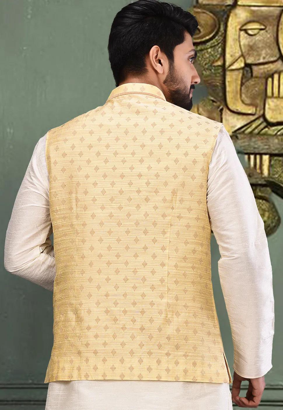 Woven Art Silk Jacquard Nehru Jacket in Light Yellow