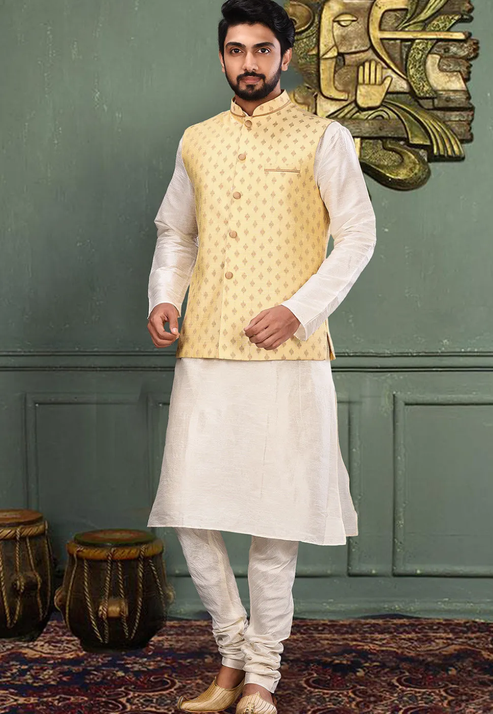 Woven Art Silk Jacquard Nehru Jacket in Light Yellow
