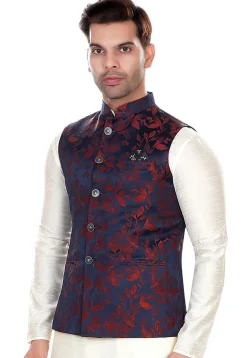 Woven Art Silk Jacquard Nehru Jacket in Navy Blue