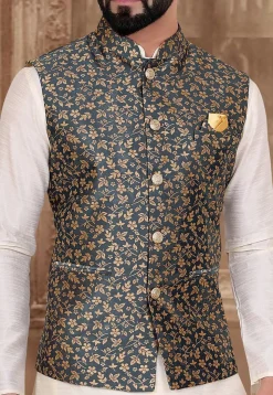 Woven Art Silk Jacquard Nehru Jacket in Grey