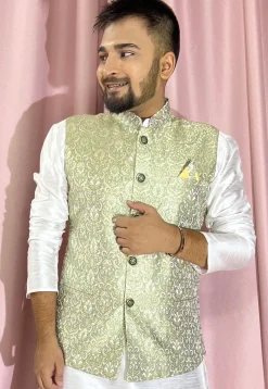 Woven Art Silk Jacquard Nehru Jacket in Pastel Green
